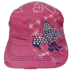 Leader Army Cap Pink Purple OS Hat Rhinestone Fleur-de-lis Distressed Cotton